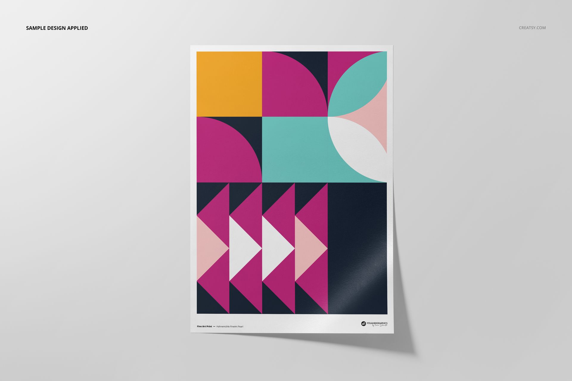 A3 fine art print mockup featuring geometric shapes in pink, yellow, teal, navy, and white, shown from a front angle.