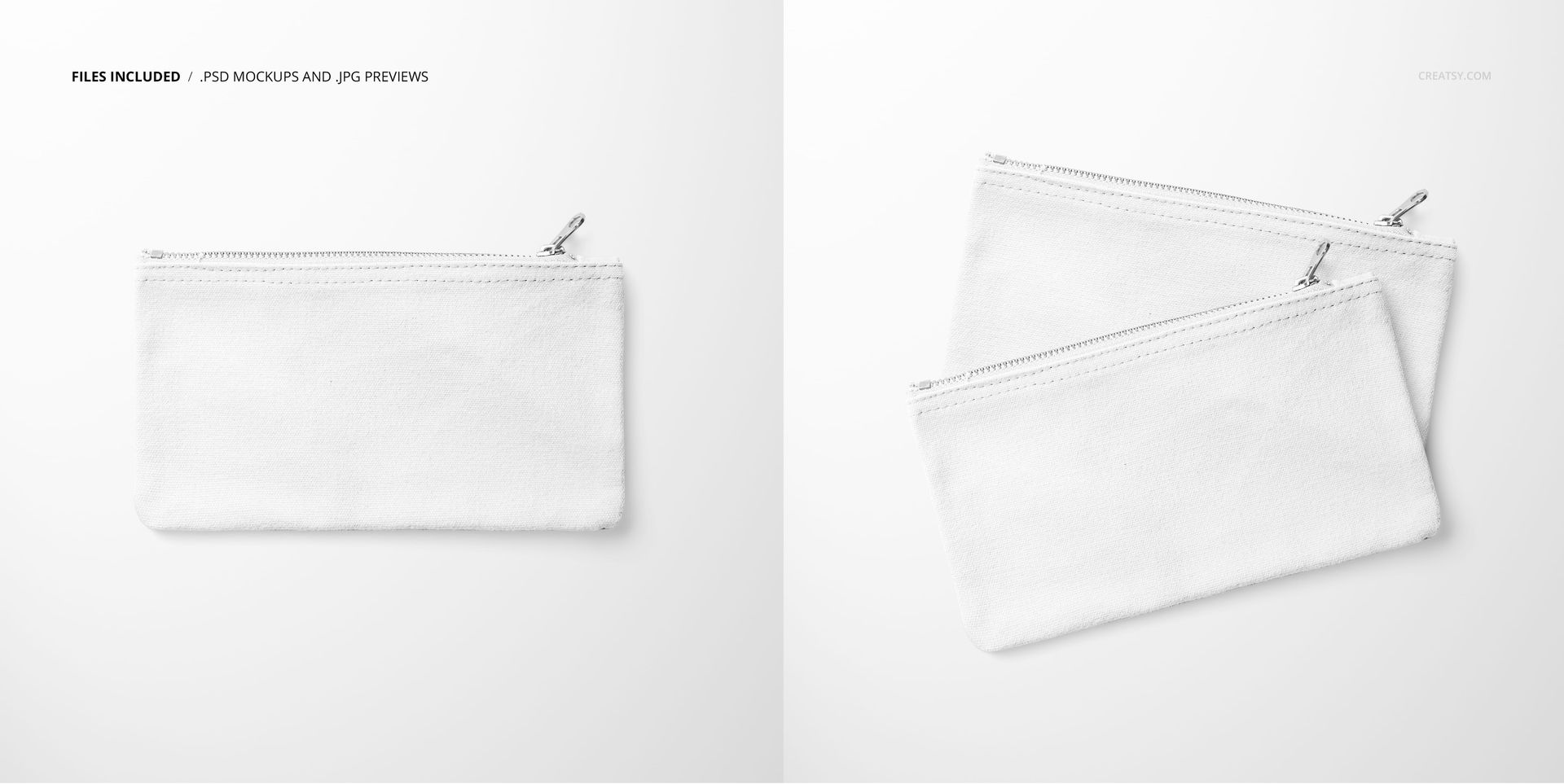 Flat canvas pouch in white, rectangular shape, shown from a top view with zipper detail on a plain background.