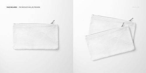 Flat canvas pouch in white, rectangular shape, shown from a top view with zipper detail on a plain background.