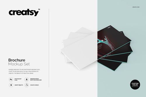 Stationery brochure mockup set featuring several folded brochures in white and black, displayed on a light surface.