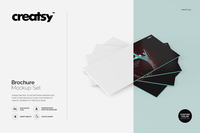 Stationery brochure mockup set featuring several folded brochures in white and black, displayed on a light surface.