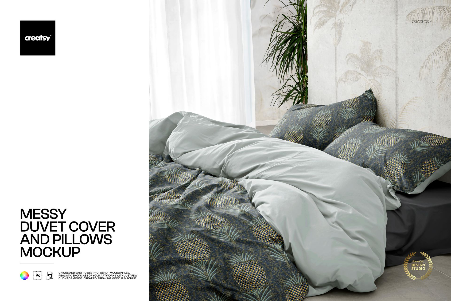 PSD mockup of a rumpled duvet cover and pillows featuring a leafy design, displayed in a modern bedroom setting.