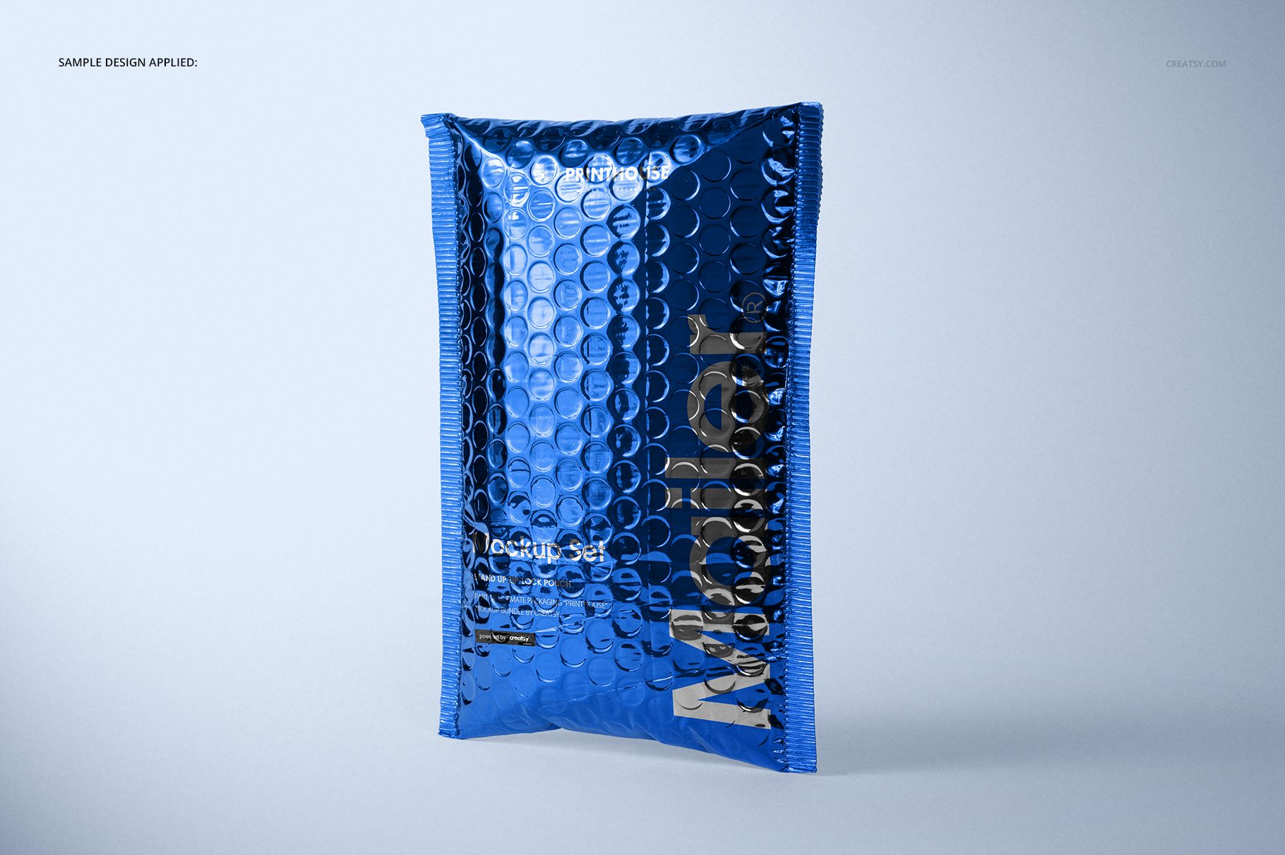 Front view of a glossy blue metallic bubble mailer mockup with reflective surface and bubble pattern texture.