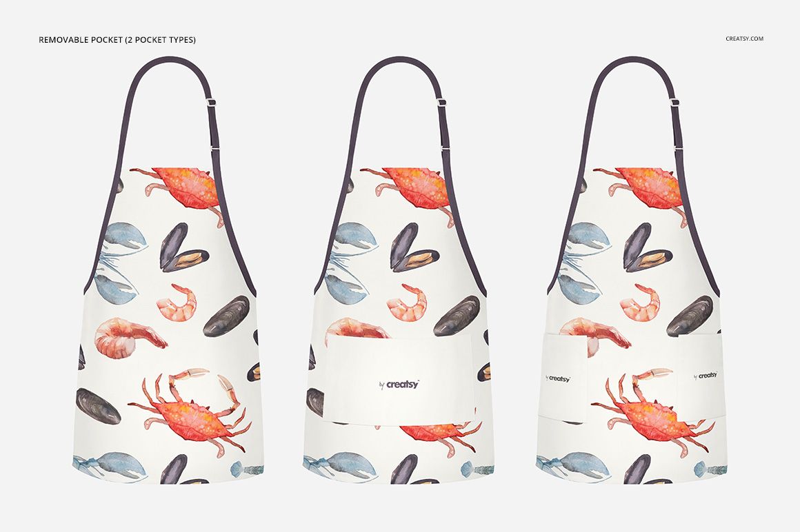 Apron PSD mockup set with three aprons in a row, each decorated with vibrant seafood designs and removable pockets.