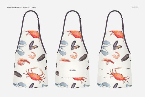 Apron PSD mockup set with three aprons in a row, each decorated with vibrant seafood designs and removable pockets.
