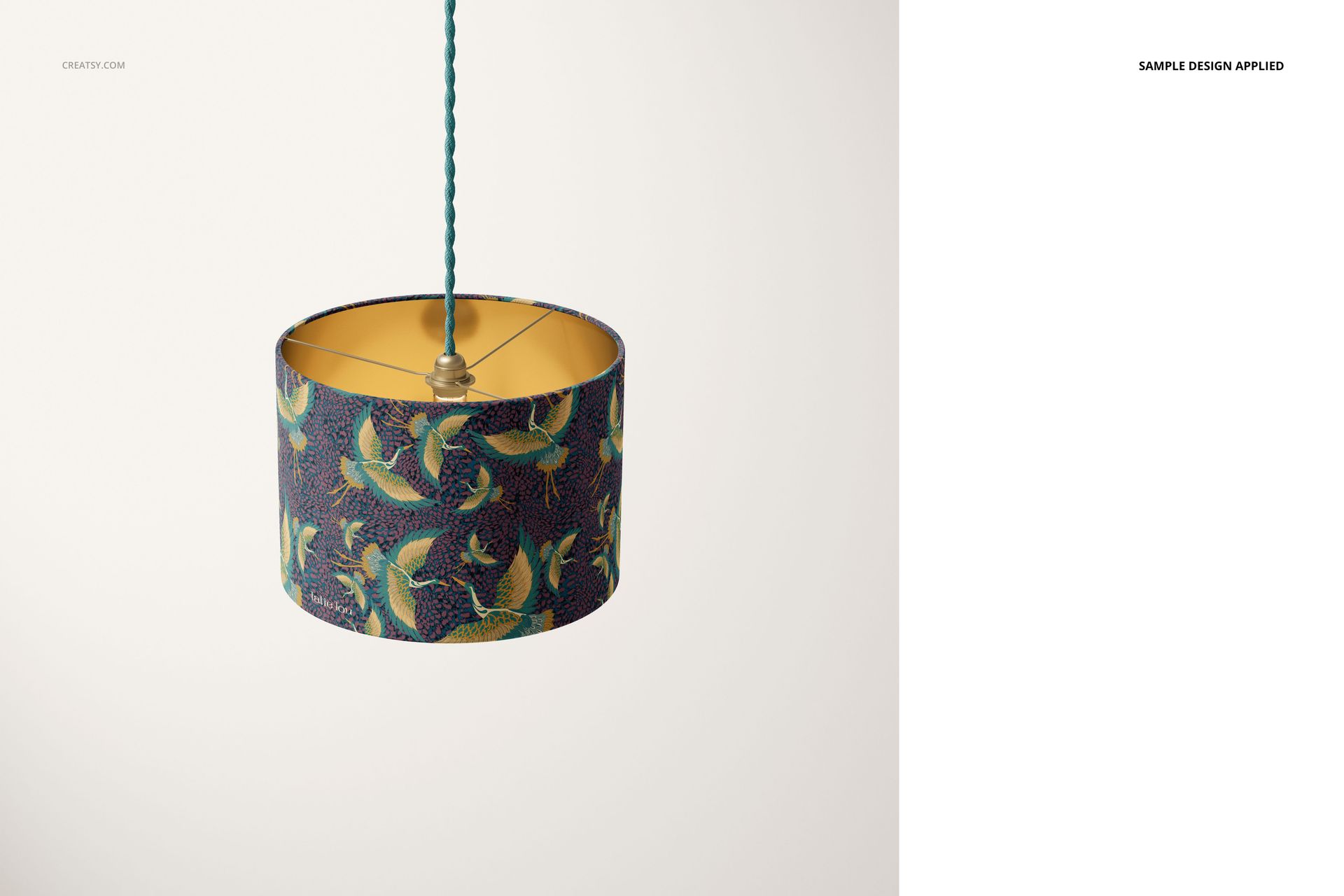Mockup of a round drum lamp shade featuring a vibrant tropical bird design, suspended by a twisted green cord.