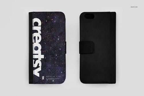 Foldable phone case mockup showing two cases on a neutral background, one with a galaxy pattern and one in solid black.