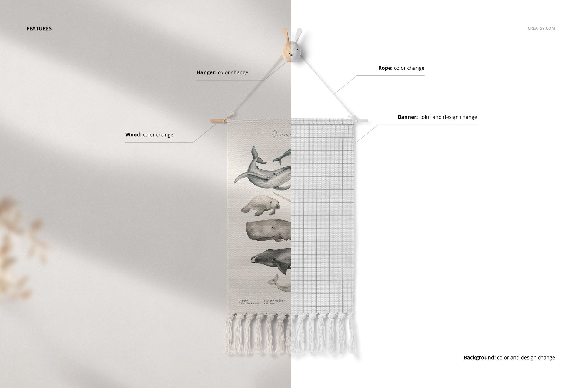 PSD mockup of a nursery wall banner with fringes, displayed on a white wall, showing animal print and grid design.