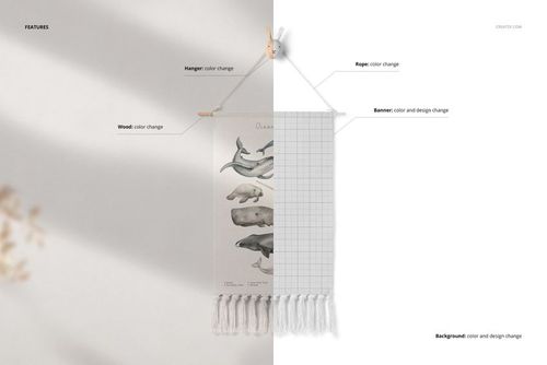 PSD mockup of a nursery wall banner with fringes, displayed on a white wall, showing animal print and grid design.