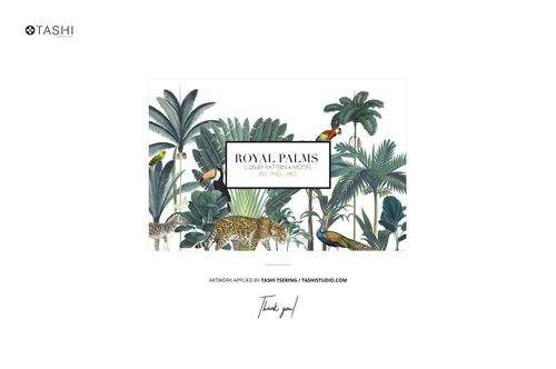 Front view of a vintage bathroom mockup featuring illustrated tropical palm trees, birds, and a leopard in lush greenery.