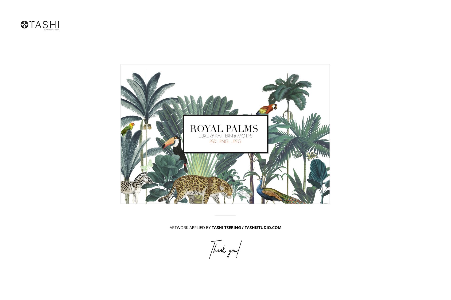 Front view of a vintage bathroom mockup featuring illustrated tropical palm trees, birds, and a leopard in lush greenery.