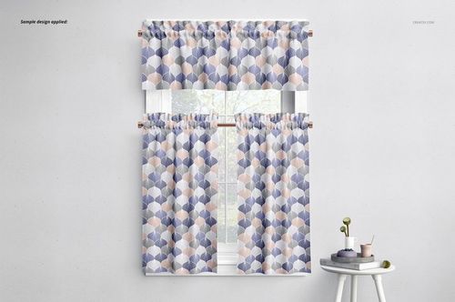 Front view of a valance and cafe curtains mockup featuring a geometric pastel pattern on a white wall.