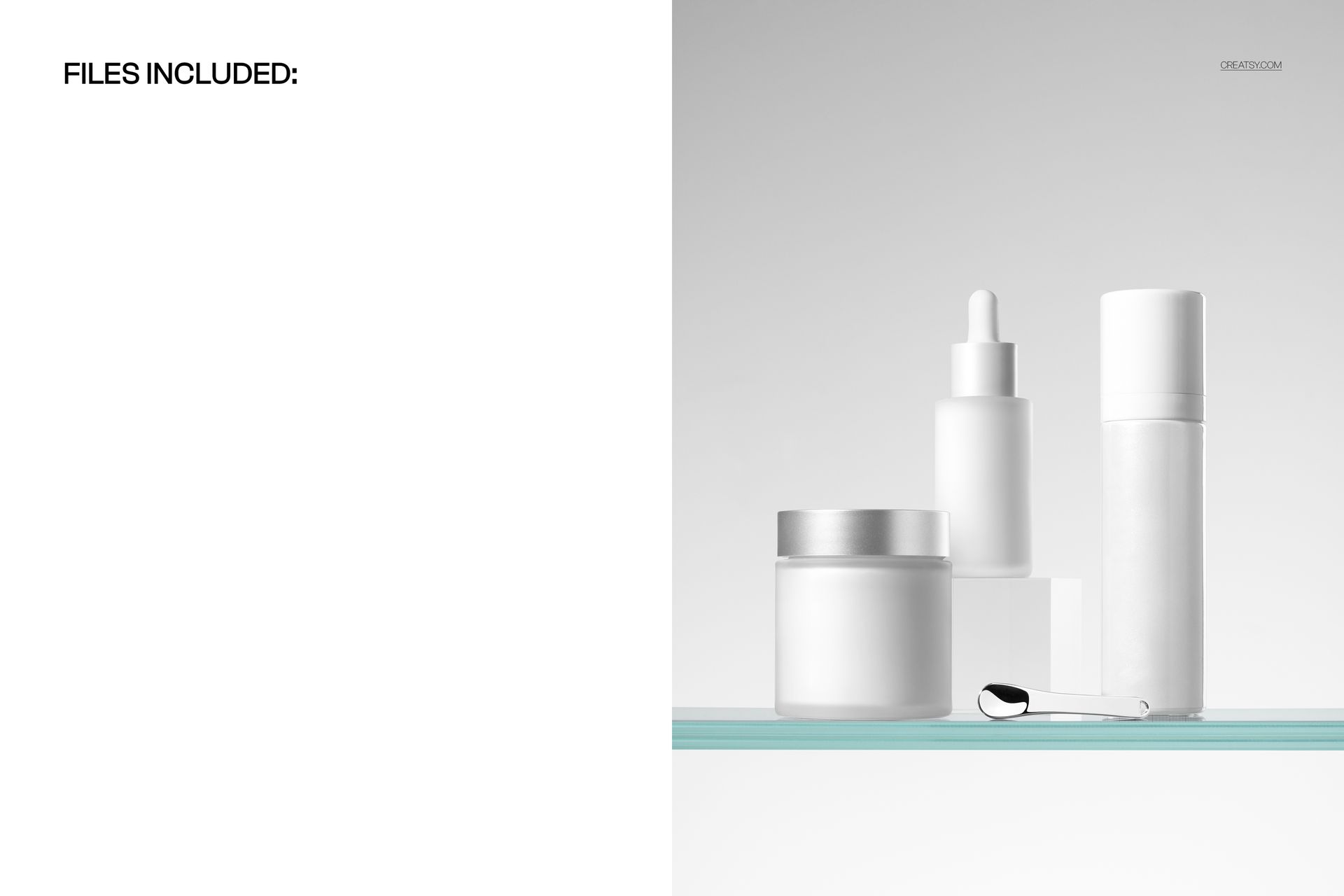 Cosmetics set mockup featuring white bottles and a cream jar with silver lids, displayed on a glass shelf in front view.