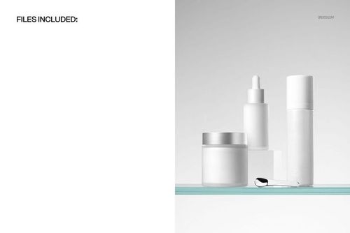 Cosmetics set mockup featuring white bottles and a cream jar with silver lids, displayed on a glass shelf in front view.