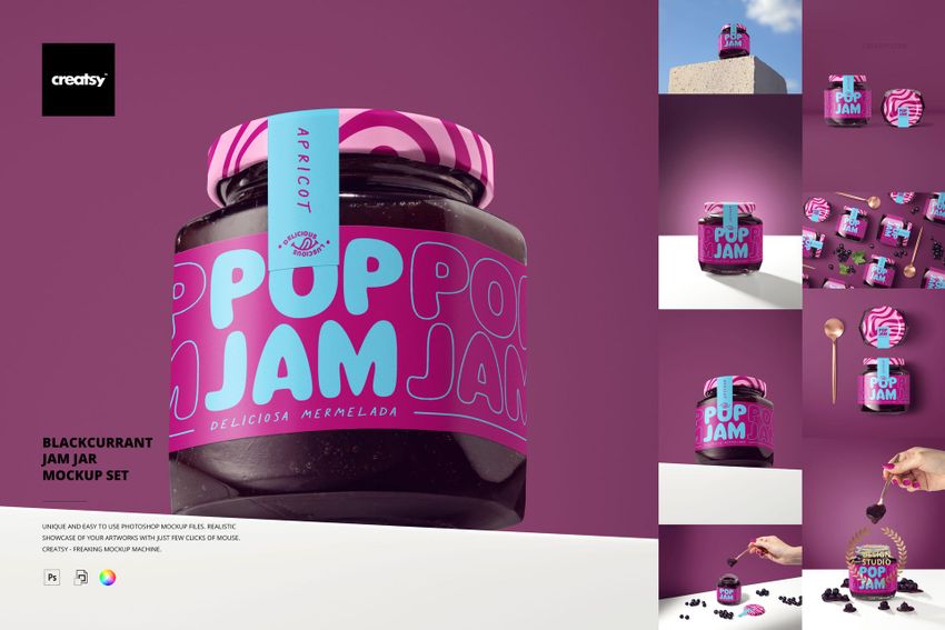PSD mockup set featuring a glass jam jar with bold purple and pink graphics, displayed from multiple angles and perspectives.