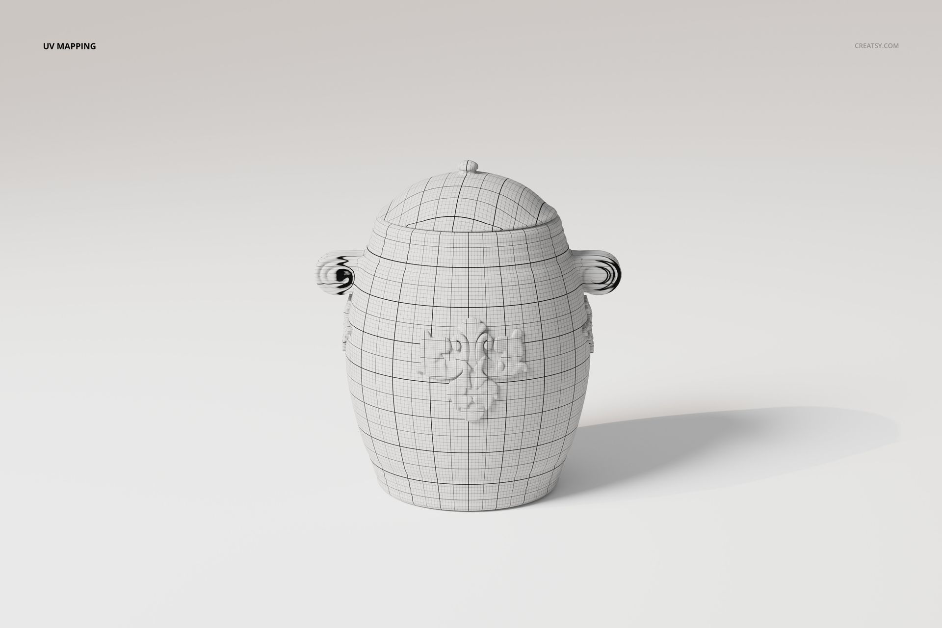 Front view of a decorative urn 3D model with grid lines, ornate handles, and floral relief on a plain background.