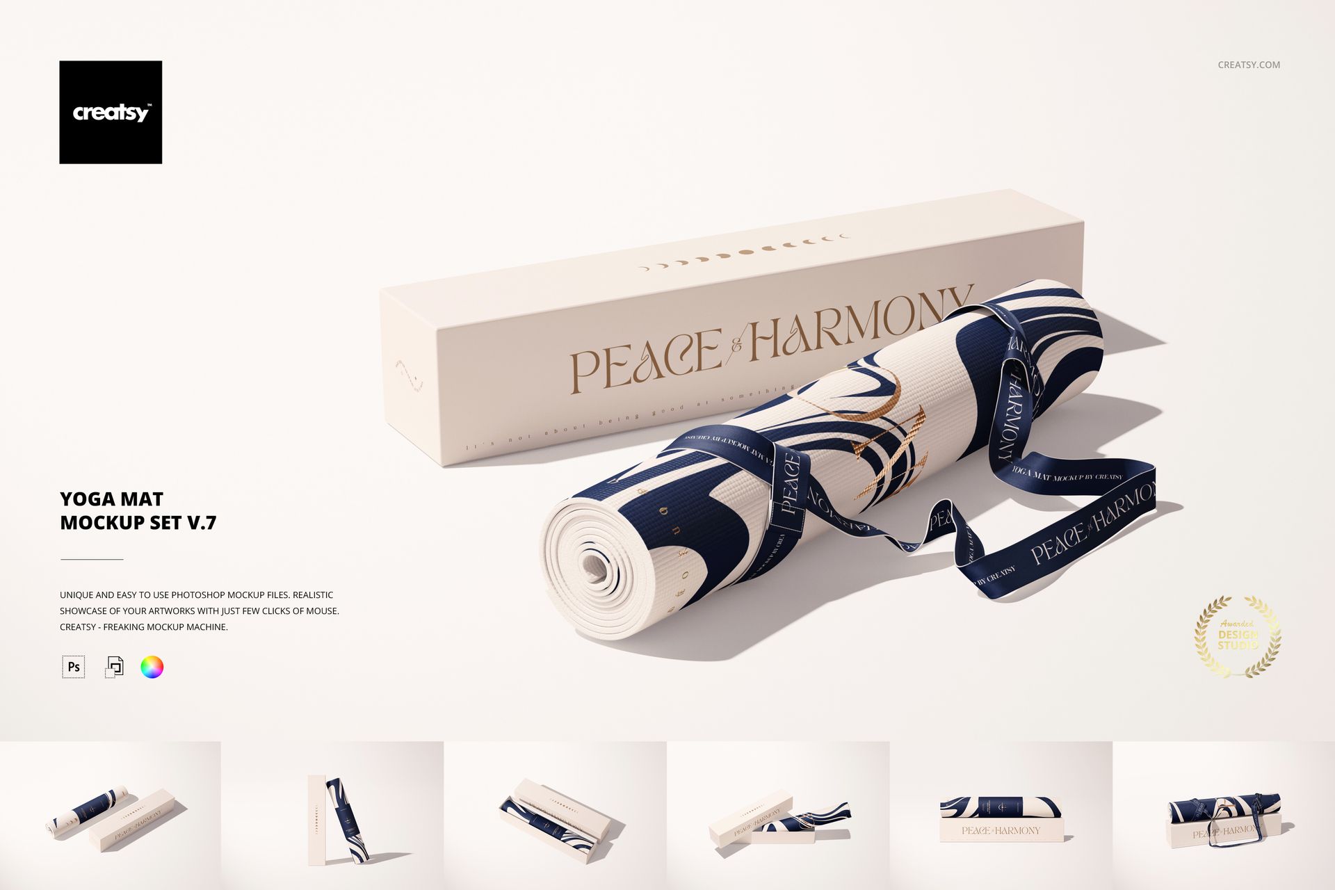 Yoga mat mockup featuring a rolled mat with geometric blue and cream design, next to a coordinating box.