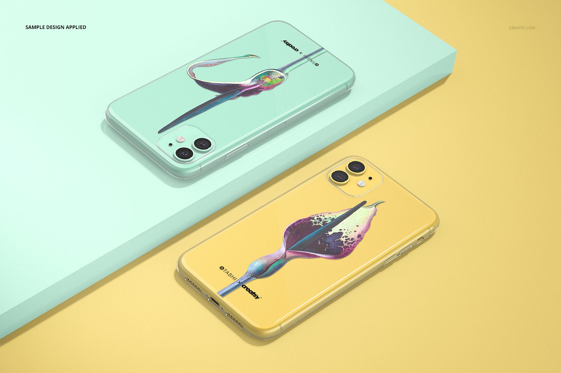 iPhone 11 clear case mockup showing floral designs, positioned on colored backgrounds with soft shadows.