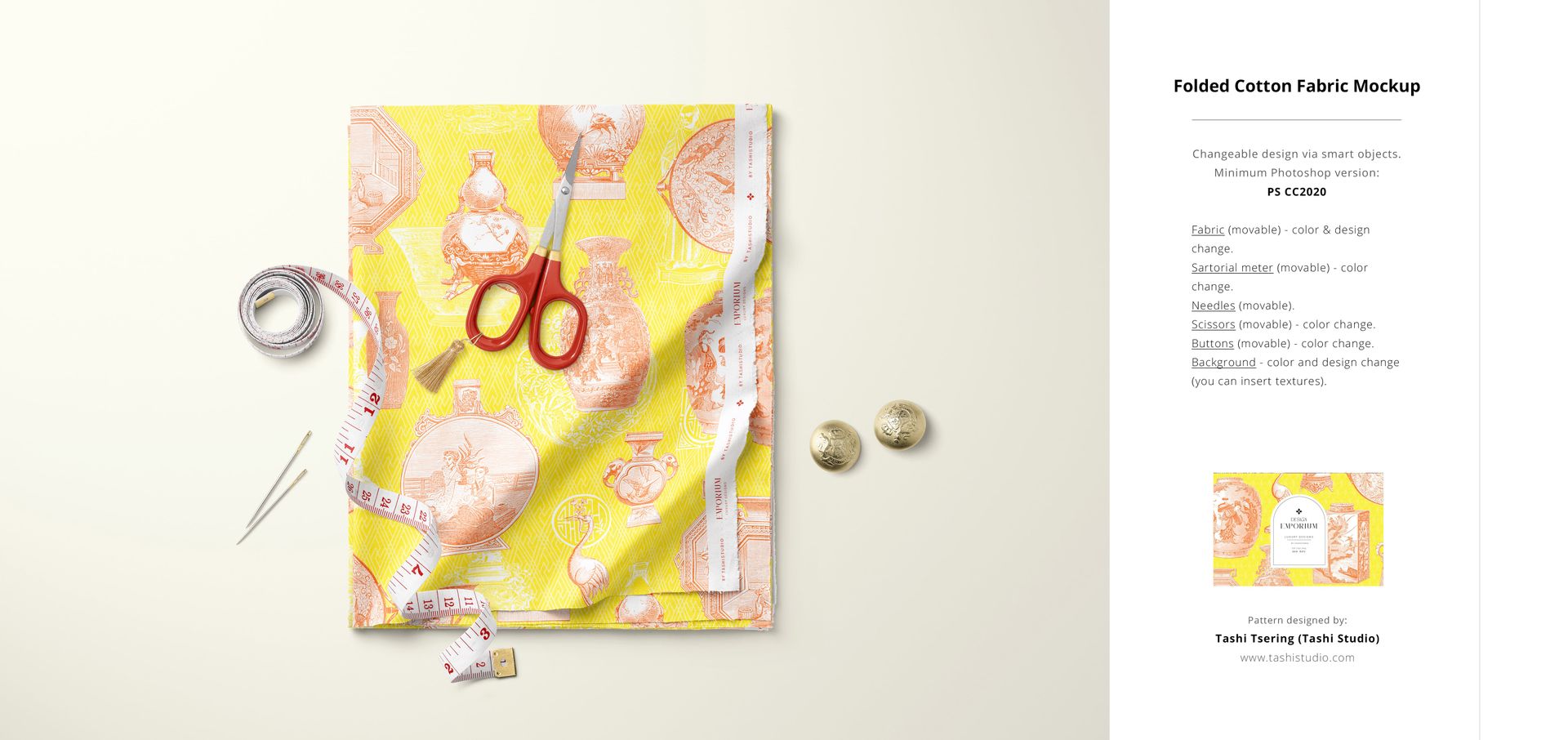 Front view of patterned cotton fabric mockup, accompanied by sewing tools and accessories on a neutral background.