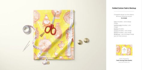 Front view of patterned cotton fabric mockup, accompanied by sewing tools and accessories on a neutral background.
