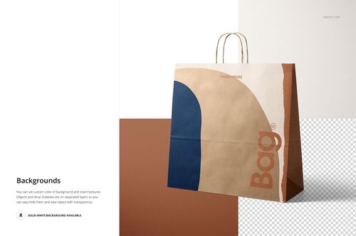 Kraft paper shopping bag mockup featuring abstract blue, beige, and brown shapes, displayed on a split white and brown backdrop.