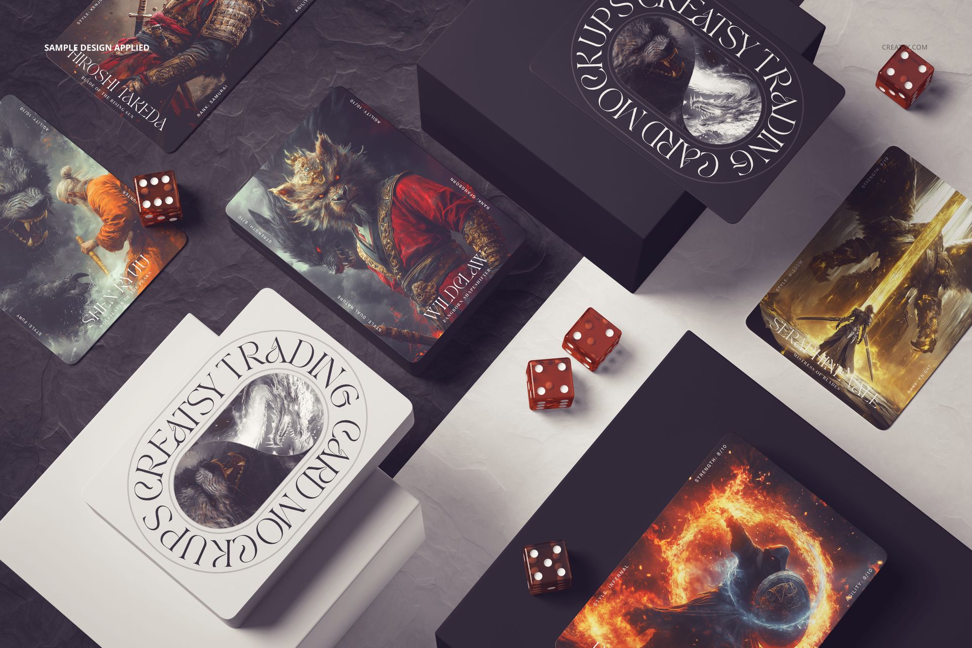 Top view of trading cards mockup set showing colorful fantasy designs, surrounded by dice and geometric platforms.