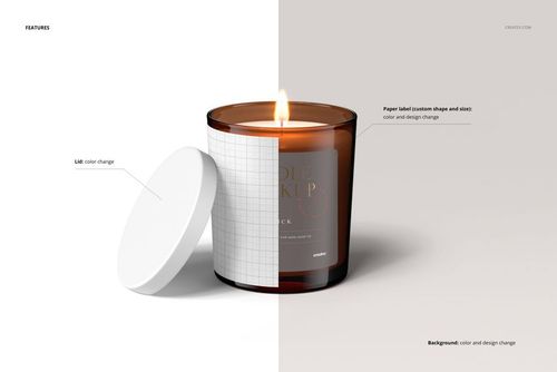 Front view of an 8.5oz amber glass jar candle with a cotton wick, matte lid, and editable paper label mockup.