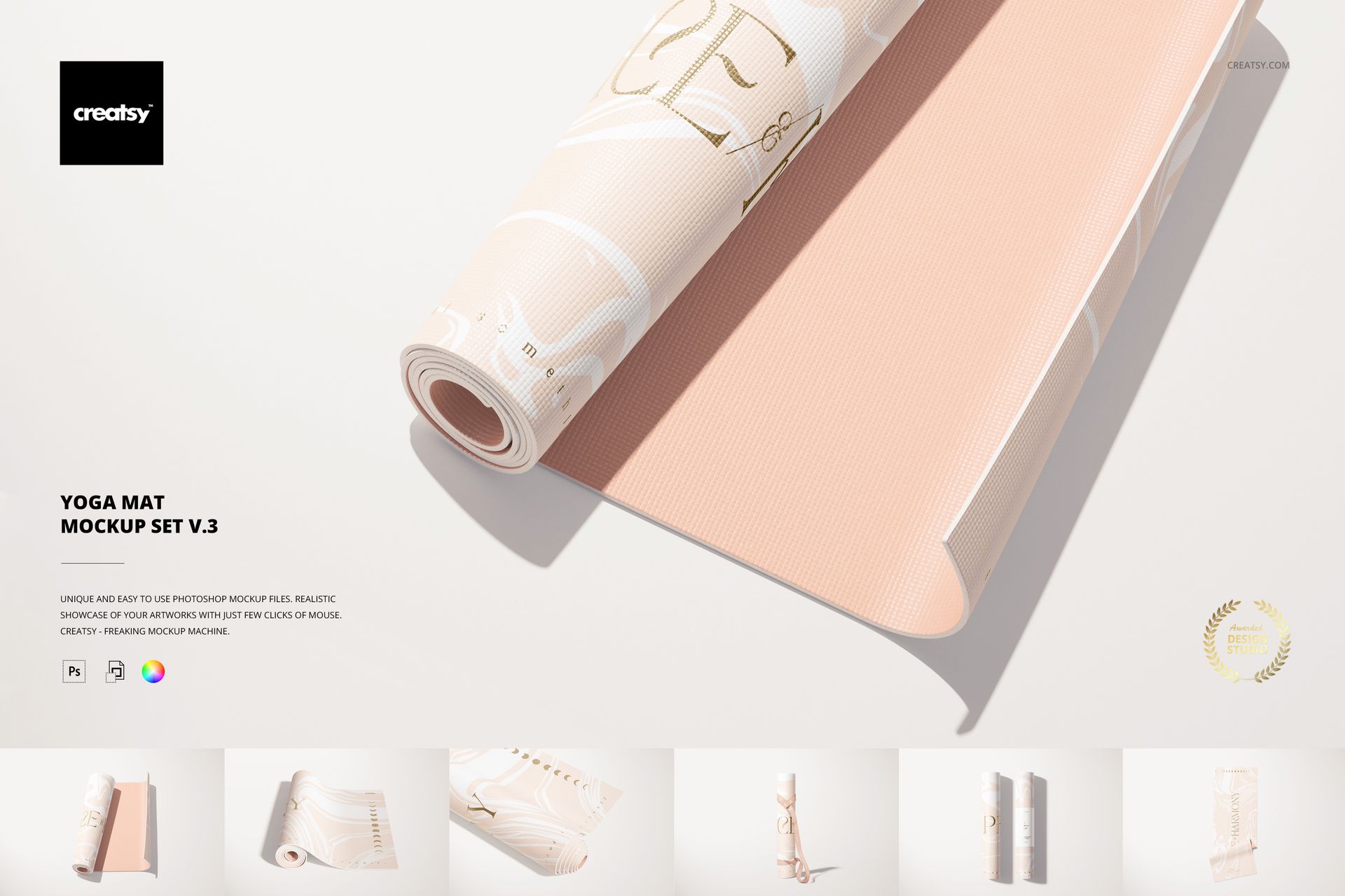 Rolled light pink yoga mat with subtle abstract patterns shown in a high-resolution mockup on a white surface.