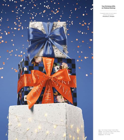 Christmas decor PSD mockup featuring stacked gift boxes with colorful bows, confetti, and a vibrant blue backdrop.