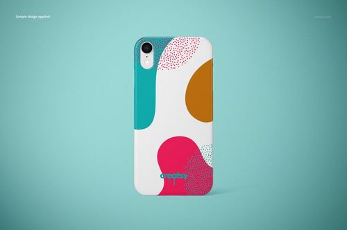 iPhone XR case mockup featuring a glossy finish and bold abstract pattern, displayed against a light blue background.