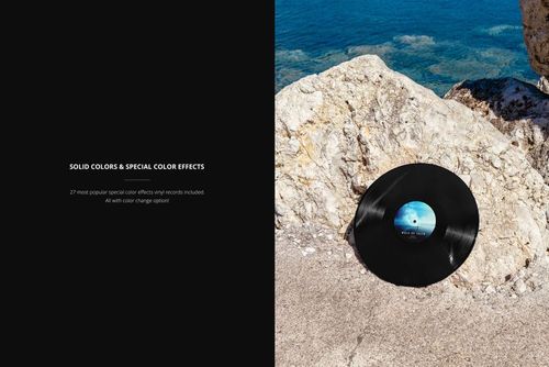 Black vinyl record with a blue label resting on rocky shore near the ocean, shown in a realistic mockup scene.