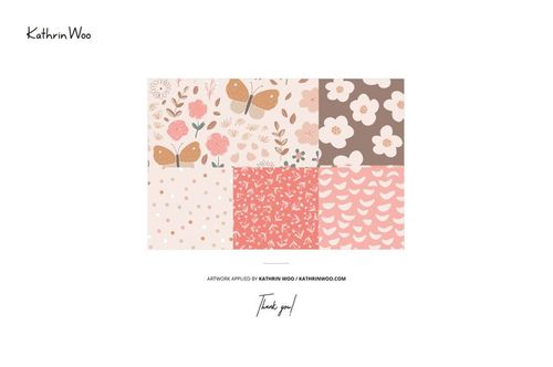 Flat lay of mockup showing six jersey fabric swatches with frayed edges, each with unique pastel designs and motifs.