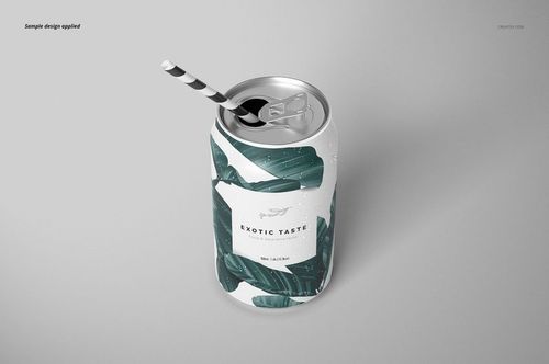 Aluminum drink can mockup with a green leaf pattern, front view, featuring a striped straw and water droplets.