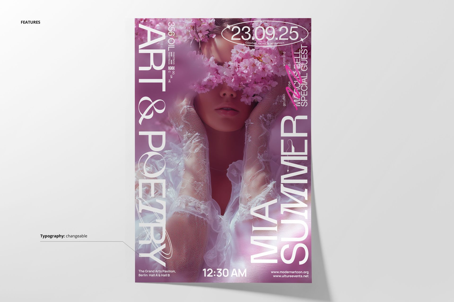 PSD mockup of a poster showing a close-up of a woman wearing lace gloves and a flower crown, set in pastel colors.
