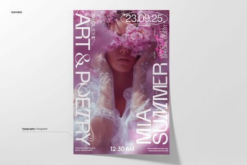 PSD mockup of a poster showing a close-up of a woman wearing lace gloves and a flower crown, set in pastel colors.