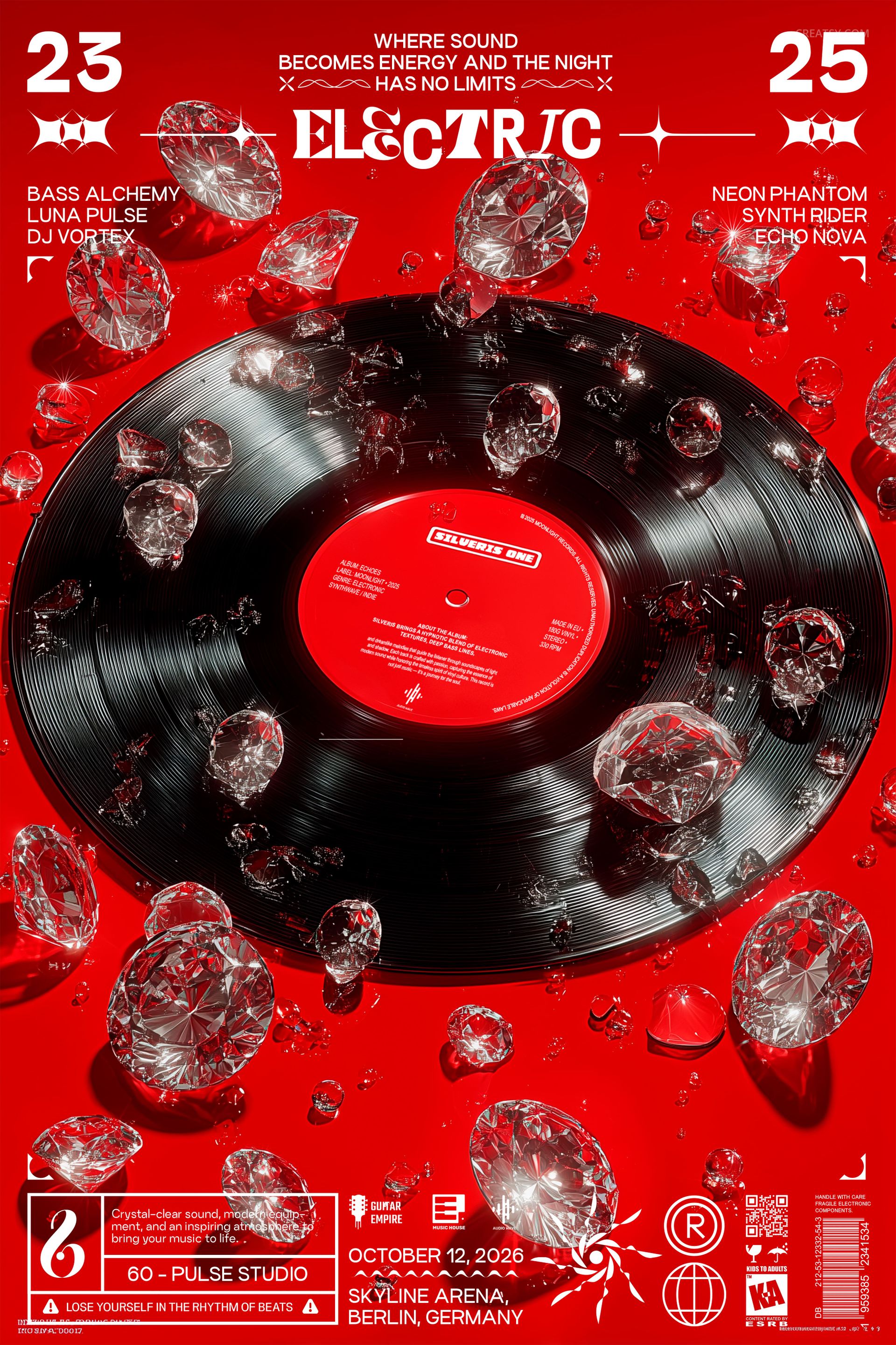 PSD mockup poster showing a black vinyl record and multiple diamonds against a bold red background, viewed from above.