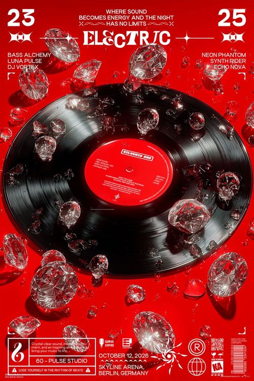 PSD mockup poster showing a black vinyl record and multiple diamonds against a bold red background, viewed from above.