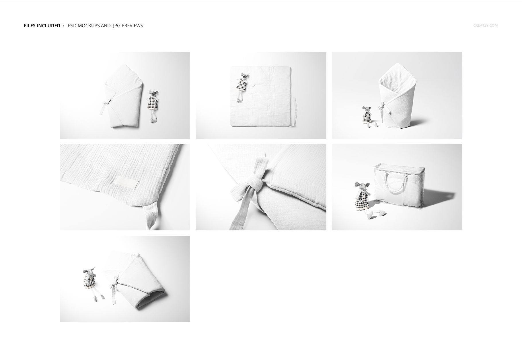 Newborn swaddle wrap mockup set displayed in various folded and wrapped positions, shown with a small plush toy on a white background.