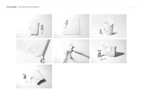 Newborn swaddle wrap mockup set displayed in various folded and wrapped positions, shown with a small plush toy on a white background.