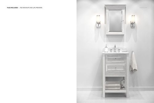 Classic small bathroom mockup featuring light wood vanity, mirror cabinet, wall sconces, and tiled floor in a front view.