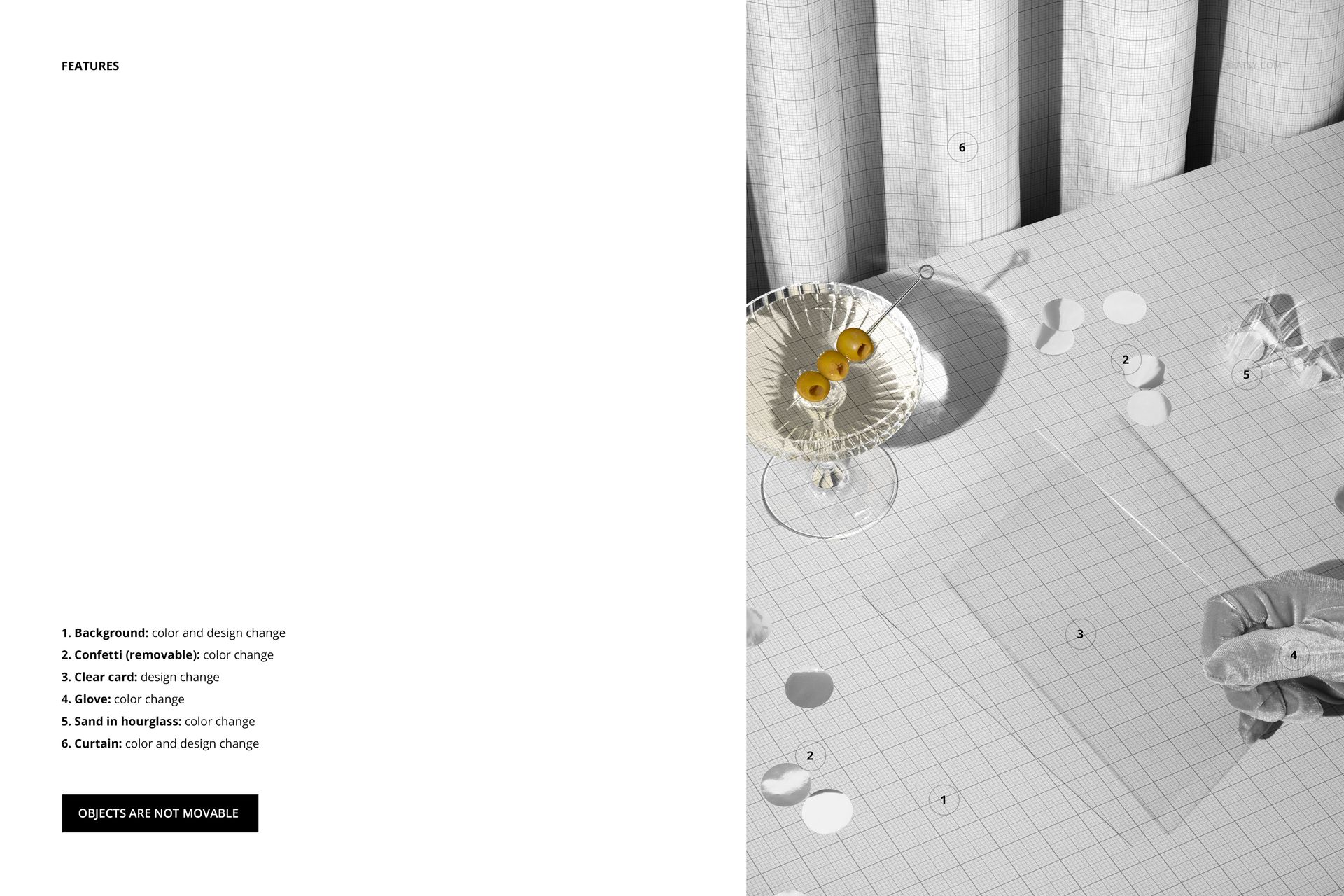 Clear card mockup displayed on a grid-patterned table with a glass bowl, lemons, and festive confetti in a party scene.