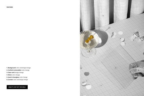 Clear card mockup displayed on a grid-patterned table with a glass bowl, lemons, and festive confetti in a party scene.