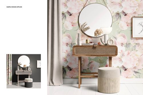 Front view of a dressing table mockup with a round mirror, decorative items, and floral wallpaper background.