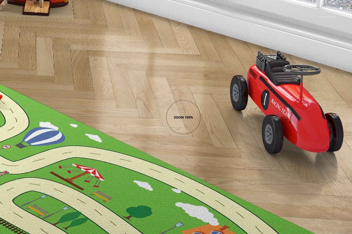 Kids room carpet mockup showing a green play mat with road design, wooden floor, and red toy car in perspective view.
