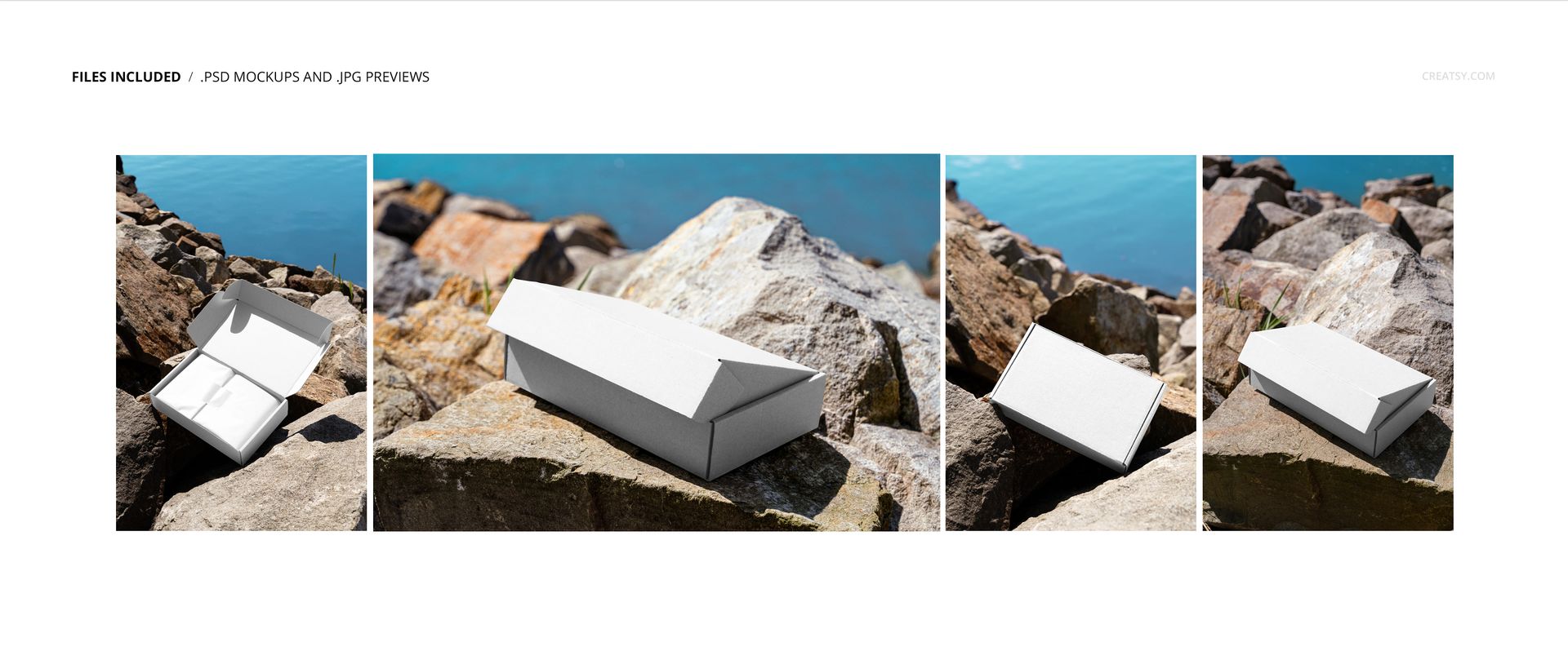 Rectangular mailing box mockup in plain white, displayed on large rocky coast with blue water in background.