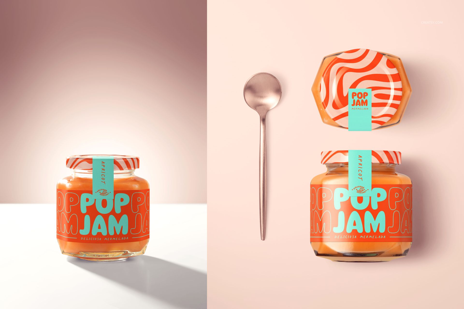 PSD mockup featuring a glass jar of persimmon jam, vibrant label design, and matching lid, shown with a spoon.