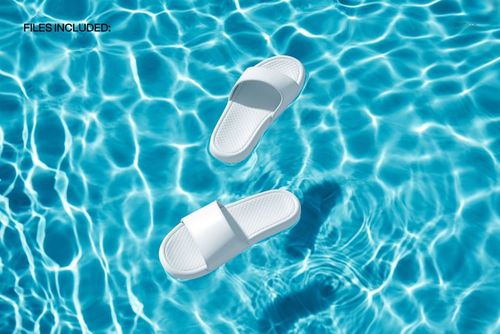 Pair of plain white slide sandals drifting on shimmering blue pool water, seen from above in a PSD mockup.