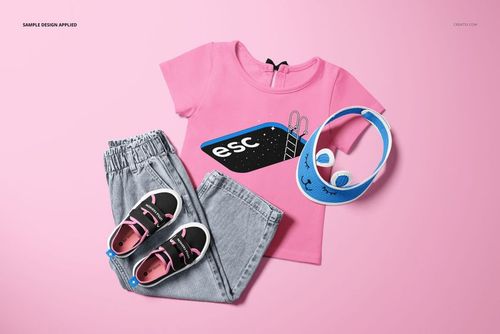 Kids T-shirt and jeans set mockup on a pink background, featuring a pink shirt, light gray jeans, shoes, and a visor.