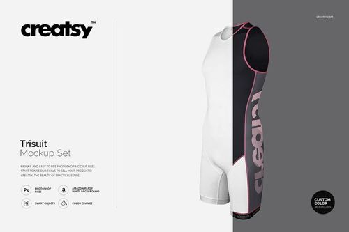 PSD mockup showing a sleeveless trisuit with white front, black side panel, pink accents, and large side lettering.