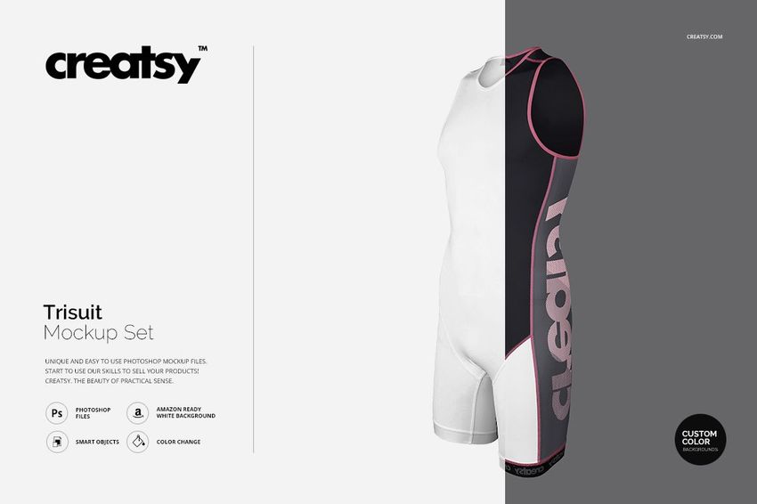 PSD mockup showing a sleeveless trisuit with white front, black side panel, pink accents, and large side lettering.